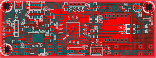 Vector printed circuit board of electronic device with components of radio elements, conductors and contact pads placed on pcb. Engineering technical educational drawing. Computer technic cad design.