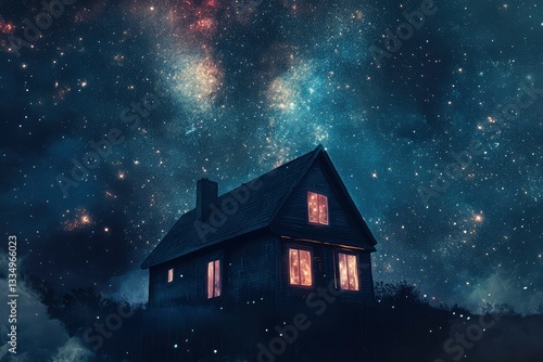 Wallpaper Mural Minimalist House Amid Stars in the Milky Way – Fantasy Space Illustration Torontodigital.ca
