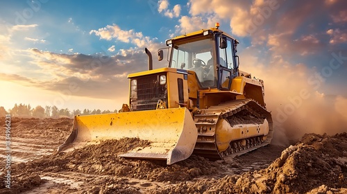 Powerful yellow tractor working in a construction site at sunset