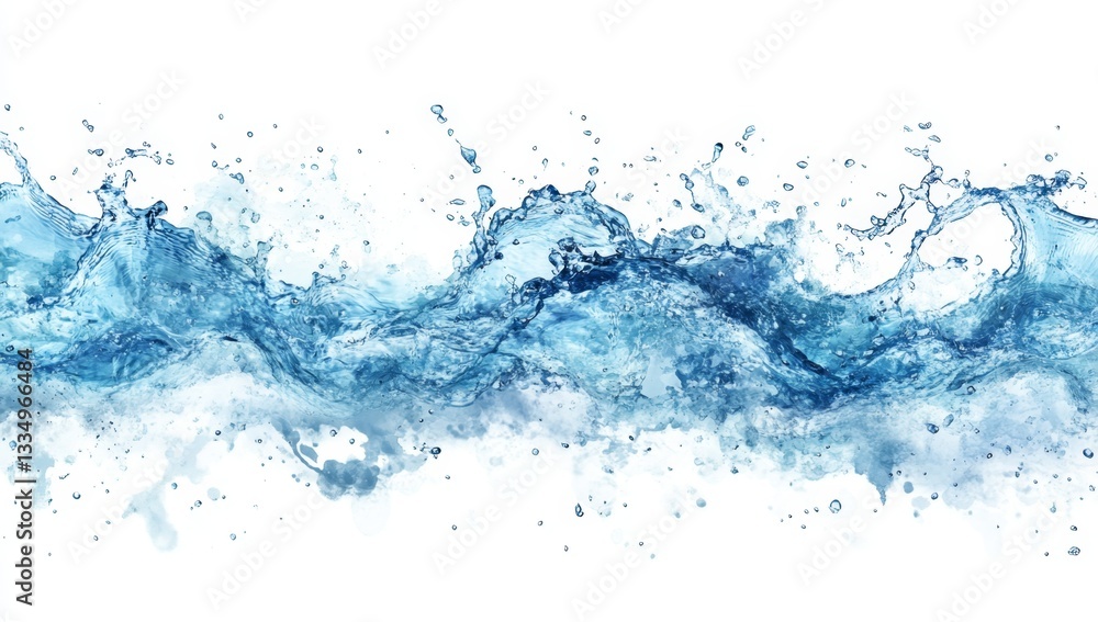 Water splash on white background. Dynamic blue water waves and splashes Water splash on white background. Dynamic blue water waves and splashes