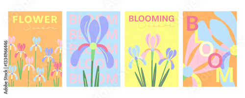 Trendy collection of vector posters or cards with blooming irises for flower-inspired projects. Modern seasonal nature-inspired floral design for ads, social media, packaging, branding, etc.