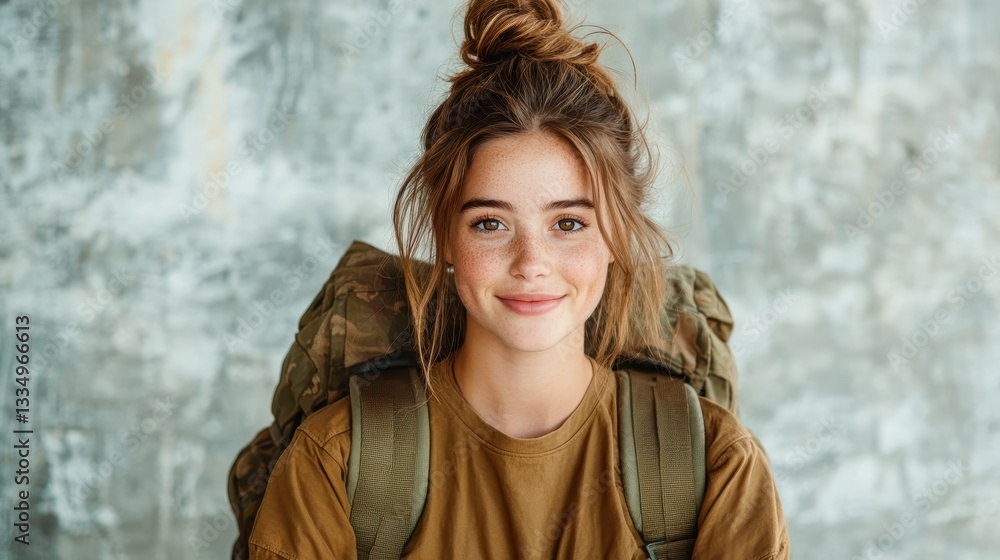 A young woman with a cheerful expression and backpack poses for the camera, radiating enthusiasm for outdoor exploration and new experiences. A young woman with a cheerful expression and backpack poses for the camera, radiating enthusiasm for outdoor exploration and new experiences.