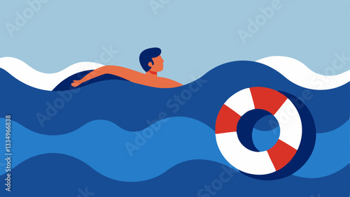 Ocean Waves An individual is depicted learning to swim in calm waves with a lifebuoy nearby. The waves are gentle and welcoming symbolizing opportunities to navigate ones own
