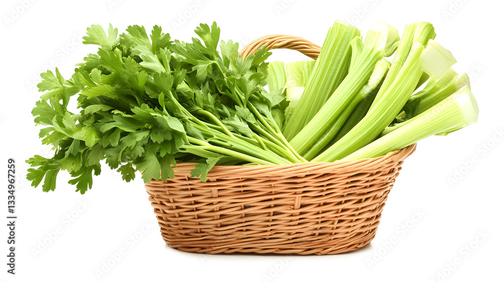 A basket filled with fresh celery stalks, all of which are green and appear to be in good condition. The basket is placed on a white background, which highlights the vibrant color of the celery A basket filled with fresh celery stalks, all of which are green and appear to be in good condition. The basket is placed on a white background, which highlights the vibrant color of the celery