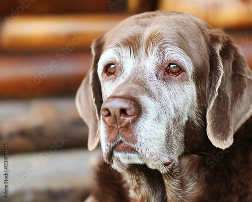 An older brown dog with a thoughtful and serene expression