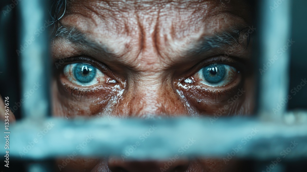 A close-up of an elderly man's tear-filled eyes behind bars, showcasing a deep emotional struggle and vulnerability, evoking feelings of compassion and understanding. A close-up of an elderly man's tear-filled eyes behind bars, showcasing a deep emotional struggle and vulnerability, evoking feelings of compassion and understanding.