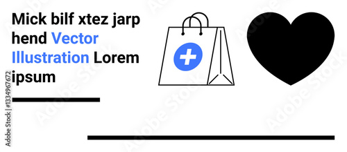 Shopping bag with medical cross, bold heart icon, and placeholder text. Ideal for healthcare, charity, e-commerce, online shopping, medical services, well-being and a simple landing page