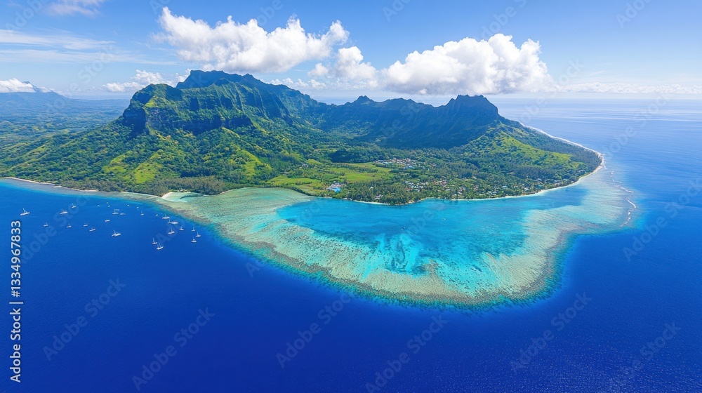 Fototapeta premium Aerial view of a tropical island surrounded by crystal-clear waters and vibrant coral reefs, showcasing lush greenery and serene landscapes