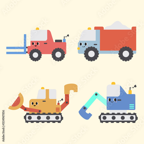 set of transport heavy equipments, forklift, dump truck, backhoe and excavator