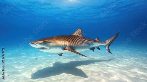 A solitary tiger shark glides gracefully through a vibrant, pollution-free ocean, showcasing its powerful form against a clear blue backdrop