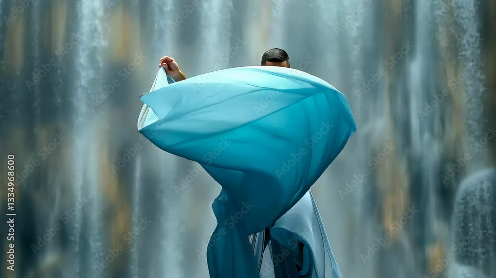 Male ballet dancer performing an expressive routine with flowing fabric and dramatic lighting in a studio setting