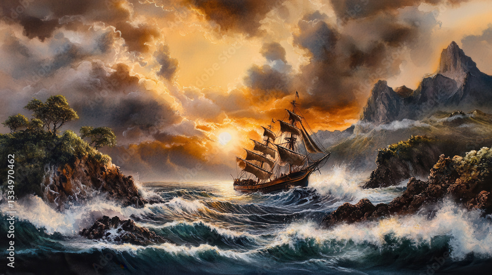Fototapeta premium majestic ship sails through turbulent waves at sunset, surrounded by dramatic cliffs