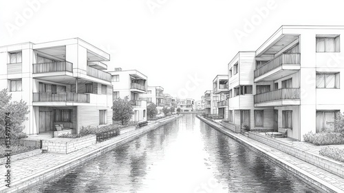 Modern Architectural Design of Canal Side Buildings with Tranquil Water Reflection