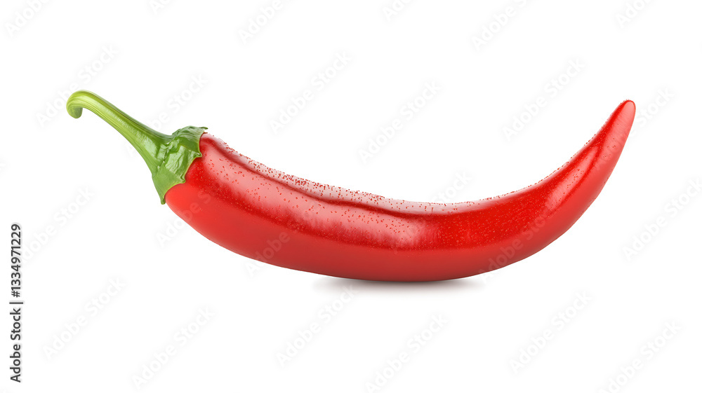 A red chili pepper is shown in its natural form. The pepper is long and slender, with a green stem at the top. Concept of freshness and natural beauty A red chili pepper is shown in its natural form. The pepper is long and slender, with a green stem at the top. Concept of freshness and natural beauty