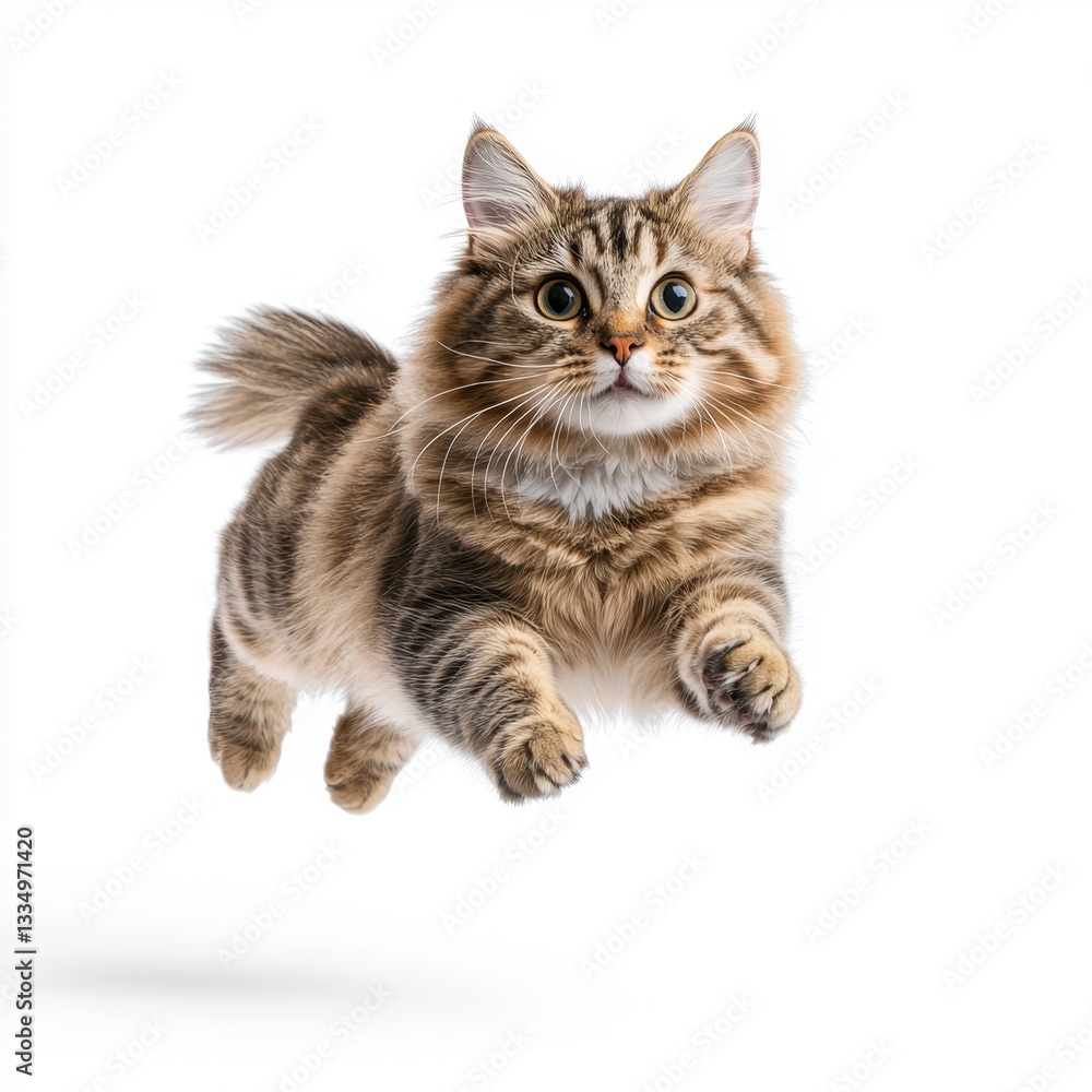 Obraz premium A playful cat leaps joyfully in mid-air, showcasing its agility and playful demeanor against a clean, white background.