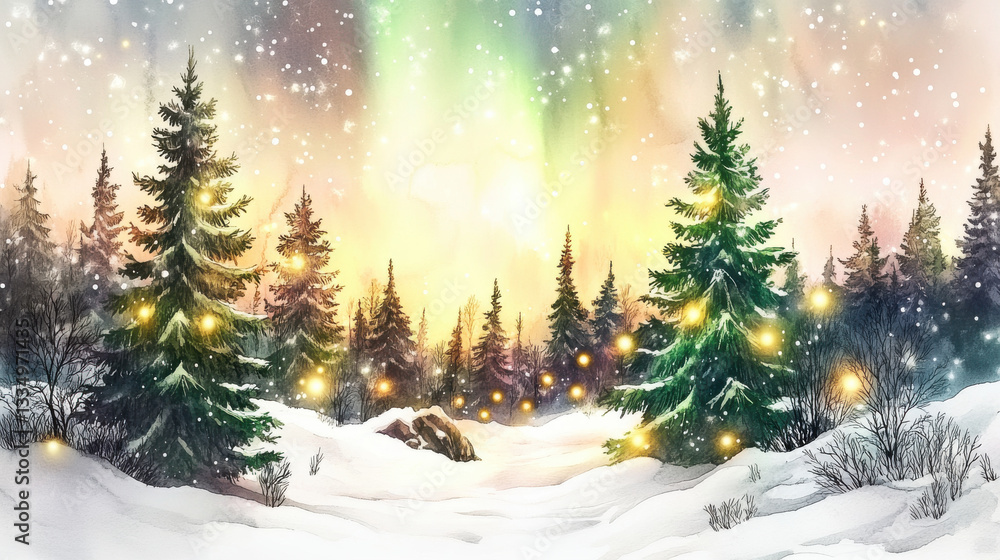 Naklejka premium magical winter forest with glowing aurora borealis and snow covered trees