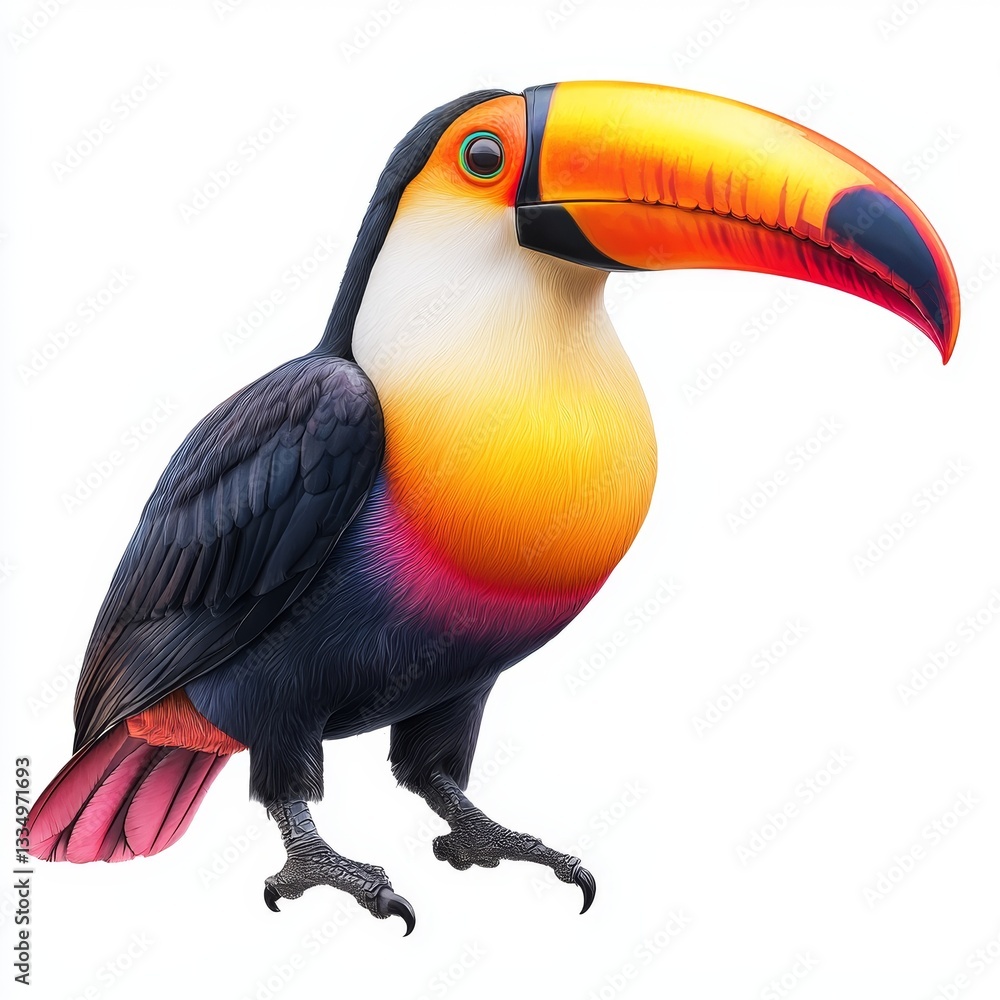Obraz premium A vibrant toucan with a striking beak, showcasing colorful feathers and a lively posture, typical of tropical avian species.