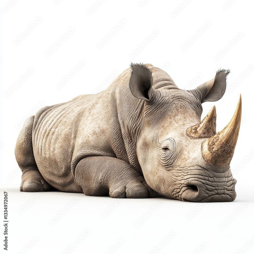 Obraz premium A realistic depiction of a resting rhinoceros, showcasing its textured skin and prominent horns in a serene pose.