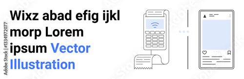 Electronic card reader completing wireless payment using a smartphone. Ideal for shopping, e-commerce, fintech, digital wallet, online transaction, technology, secure payment, simple landing page