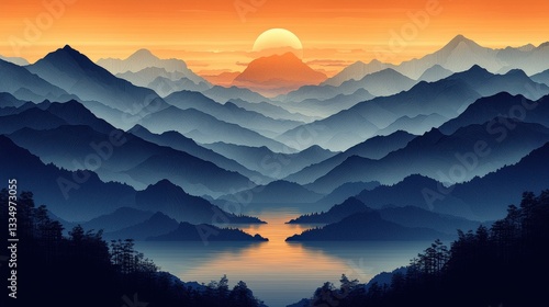 Serene Sunrise Over Misty Mountain Range with Reflections in Tranquil Lake Landscape