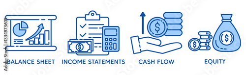 Financial statement banner web icon for business organization, profit, loss, income statement, balance sheet, cash flow and equity. Minimal vector cartoon infographic.