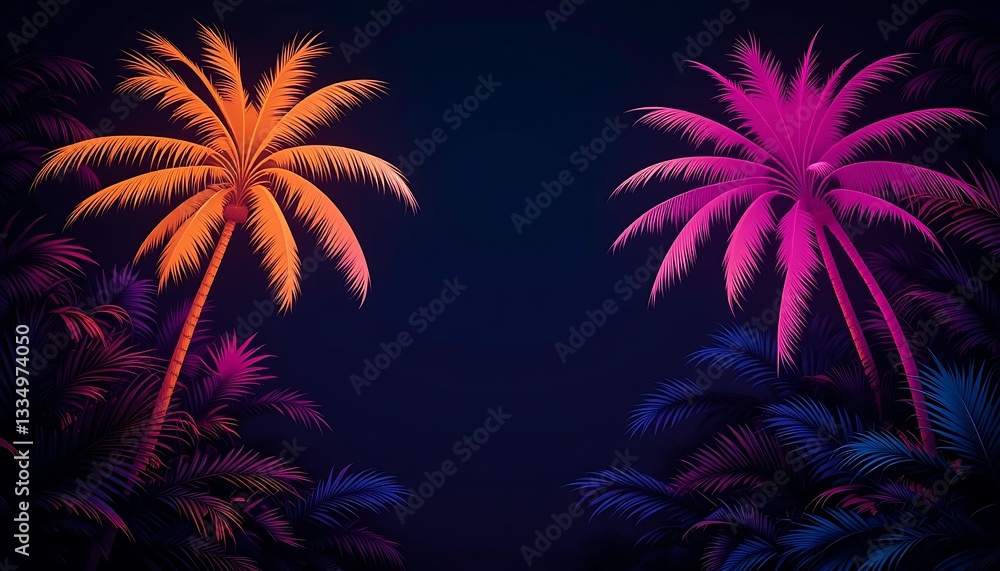 Colorful Palm Trees with Tropical Leaves Illustration on Dark Background Colorful Palm Trees with Tropical Leaves Illustration on Dark Background