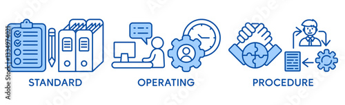 SOP banner web icon vector illustration concept for the standard operating procedure with an icon of instruction, quality, manual, process, operation, sequence, workflow, iteration, and puzzle