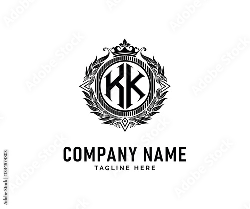 KK Monogram logo Design. Elegant KK Monogram logo Design with Crown and Floral Wreath, Vector