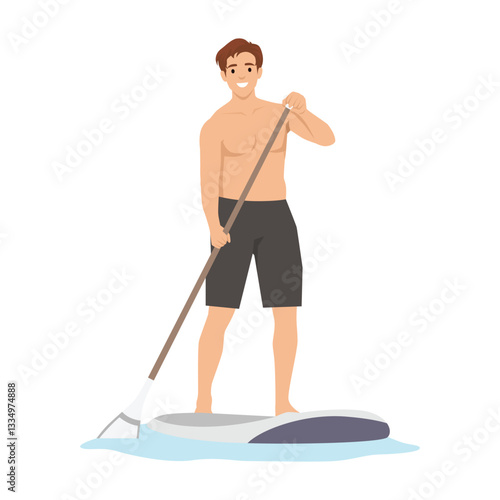 Young man enjoys stand up paddleboarding on calm waters, showcasing balance and skill. Flat vector illustration isolated on white background