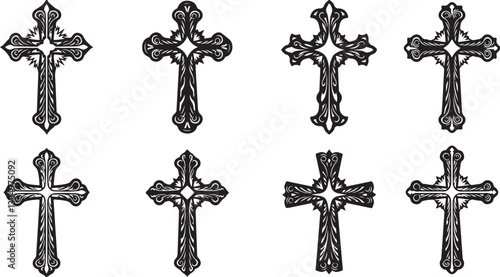 Set of Christian cross liner and silhouette, Religious cross icon illustration