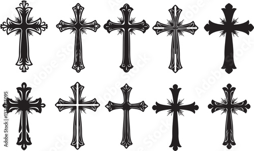 Set of Christian cross liner and silhouette, Religious cross icon illustration