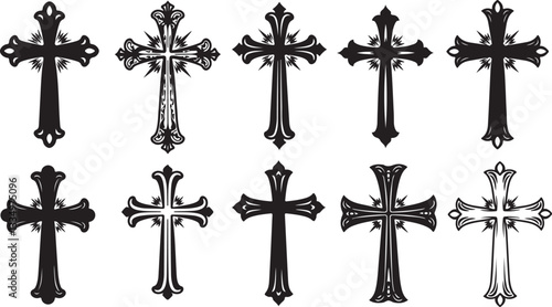 Set of Christian cross liner and silhouette, Religious cross icon illustration