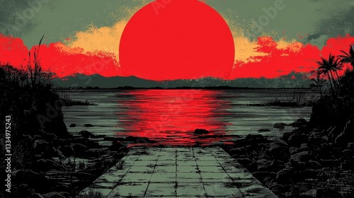 Serene Sunset Over Calm Waters with Vibrant Colors and Natural Elements in Tranquil Environment
