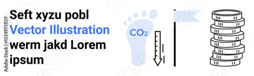 Footprint with CO2 label and thermometer, flag on pole, stack of coins. Ideal for sustainability, carbon tracking, environmental metrics, eco-budgeting, climate action, green finance simple landing