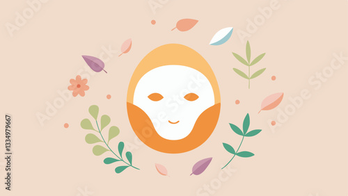 Rejuvenation Mask A sheet mask illustration on a face with soothing elements surrounding it like calming botanicals highlighting the healing effect of exosomeinfused ingredients.