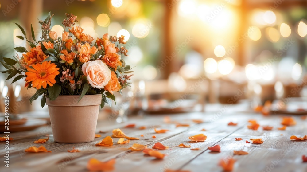 A beautiful table arrangement featuring bright orange flowers in a terracotta pot, set amongst petals on a wooden surface, radiating warmth and festivity. A beautiful table arrangement featuring bright orange flowers in a terracotta pot, set amongst petals on a wooden surface, radiating warmth and festivity.