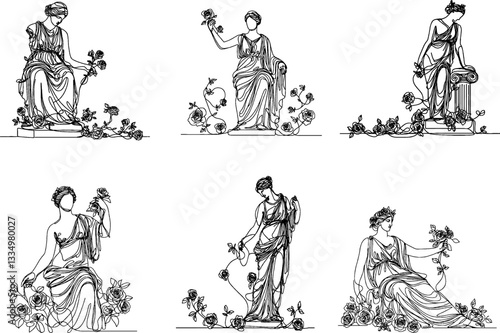 set of line art of a greek goddess statue entwined with roses
