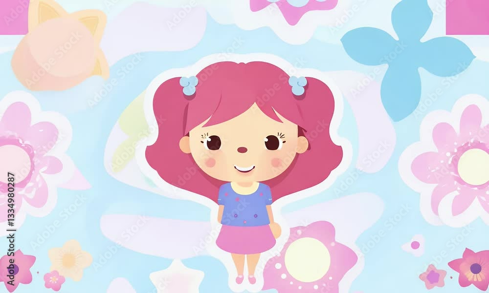 Cute Cartoon Girl with Pink Hair Pastel Floral Illustration Background Cute Cartoon Girl with Pink Hair Pastel Floral Illustration Background