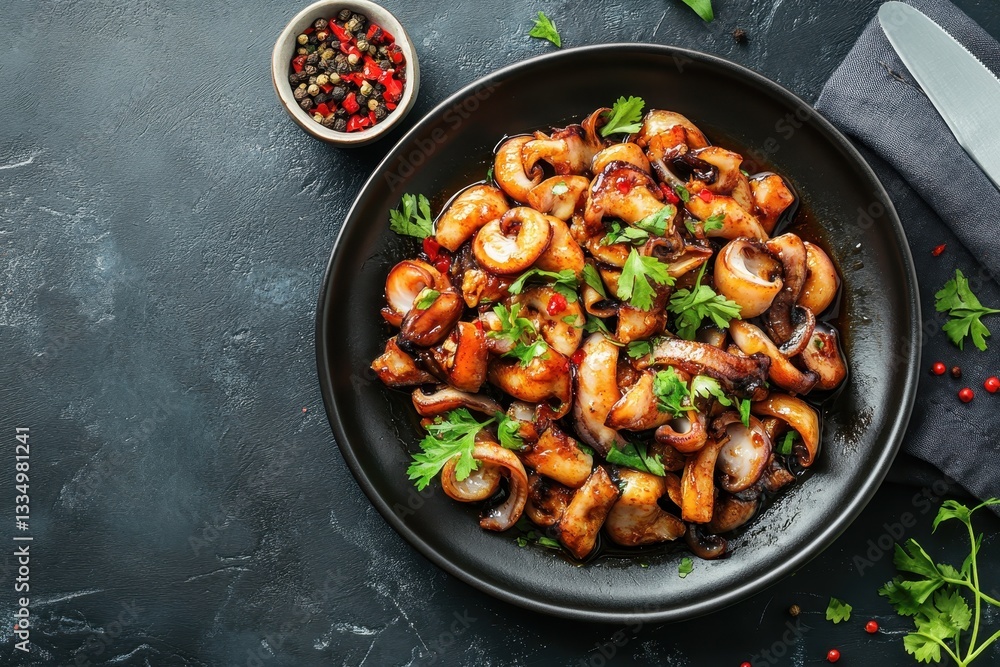 Aerial view of stir fried squid with soy sauce and cayenne Aerial view of stir fried squid with soy sauce and cayenne