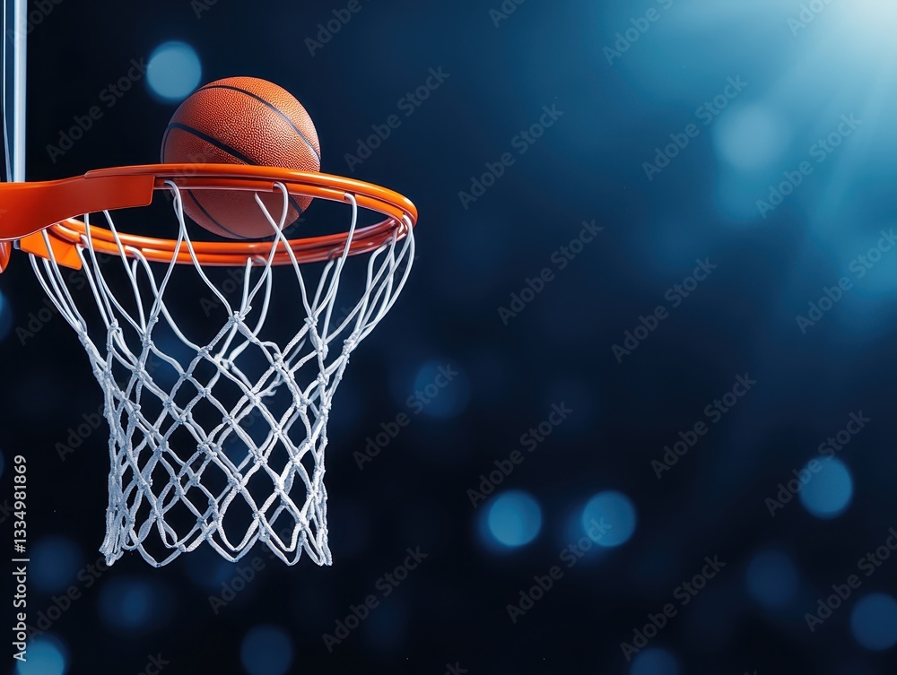 A basketball poised on the rim of a hoop, set against a blurred blue background A basketball poised on the rim of a hoop, set against a blurred blue background