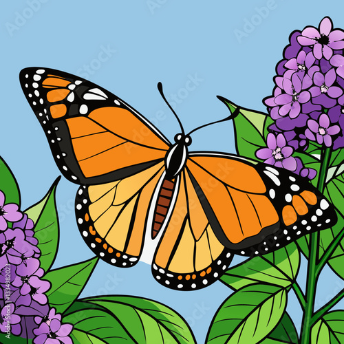 A vibrant orange and black monarch butterfly delicately graces a purple flower in a summer garden