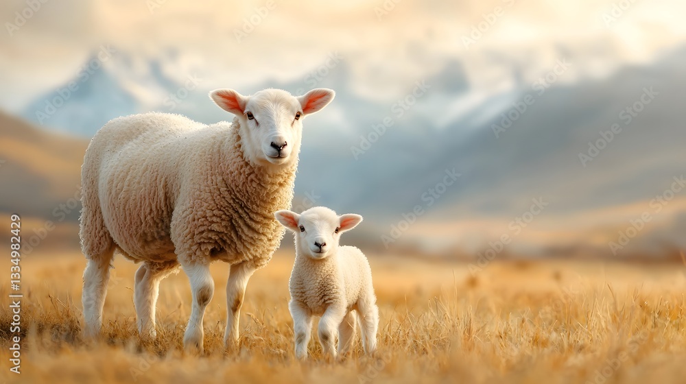 Obraz premium Newborn Lamb Taking Its First Steps Beside Watchful Mother in Peaceful Grassy Paddock Countryside Pastoral Scene Photography Style with Copy Space