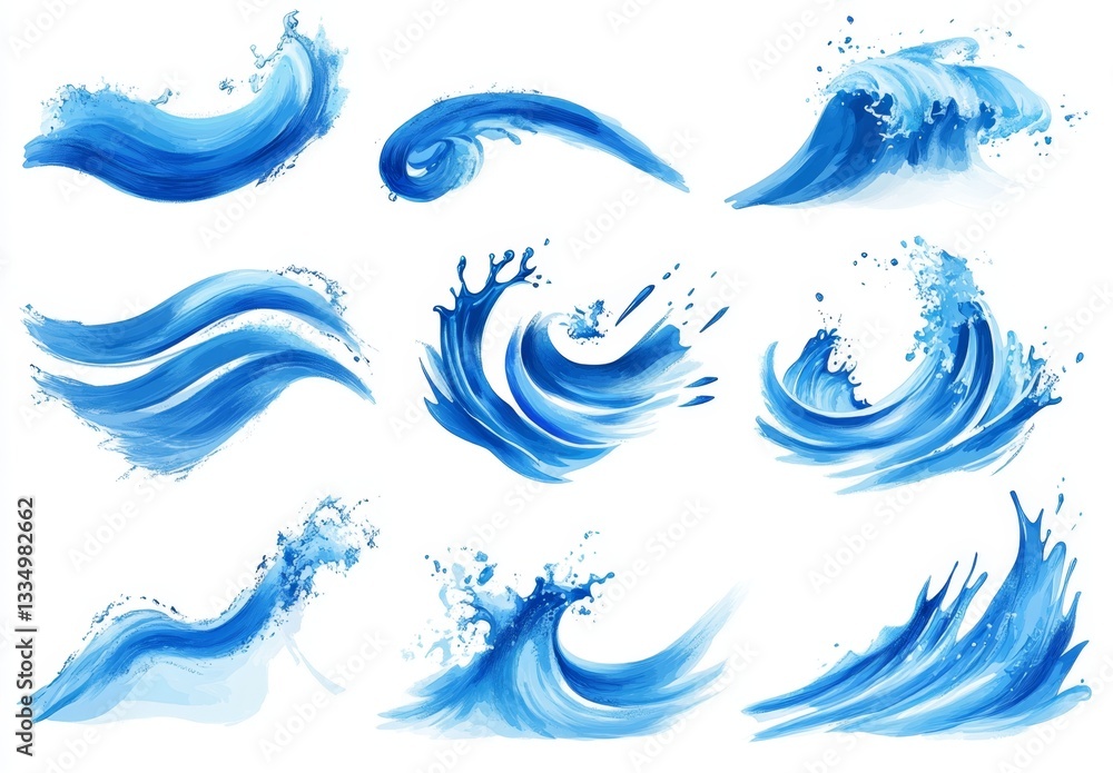 Fototapeta premium Collection of stylized blue waves. Various shapes and sizes of water splashes and ripples