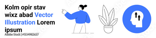 Woman in blue sweater pointing at bold text, a potted plant symbolizing growth, and a blue icon with arrows illustrating upward thinking. Ideal for education, mindset, self-growth, productivity