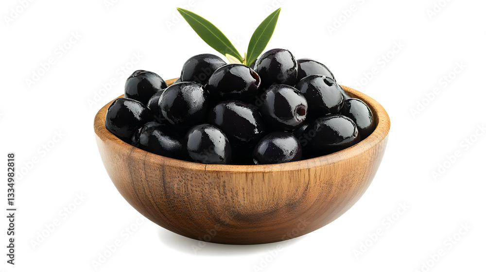 A bowl of black olives with a leaf on top A bowl of black olives with a leaf on top