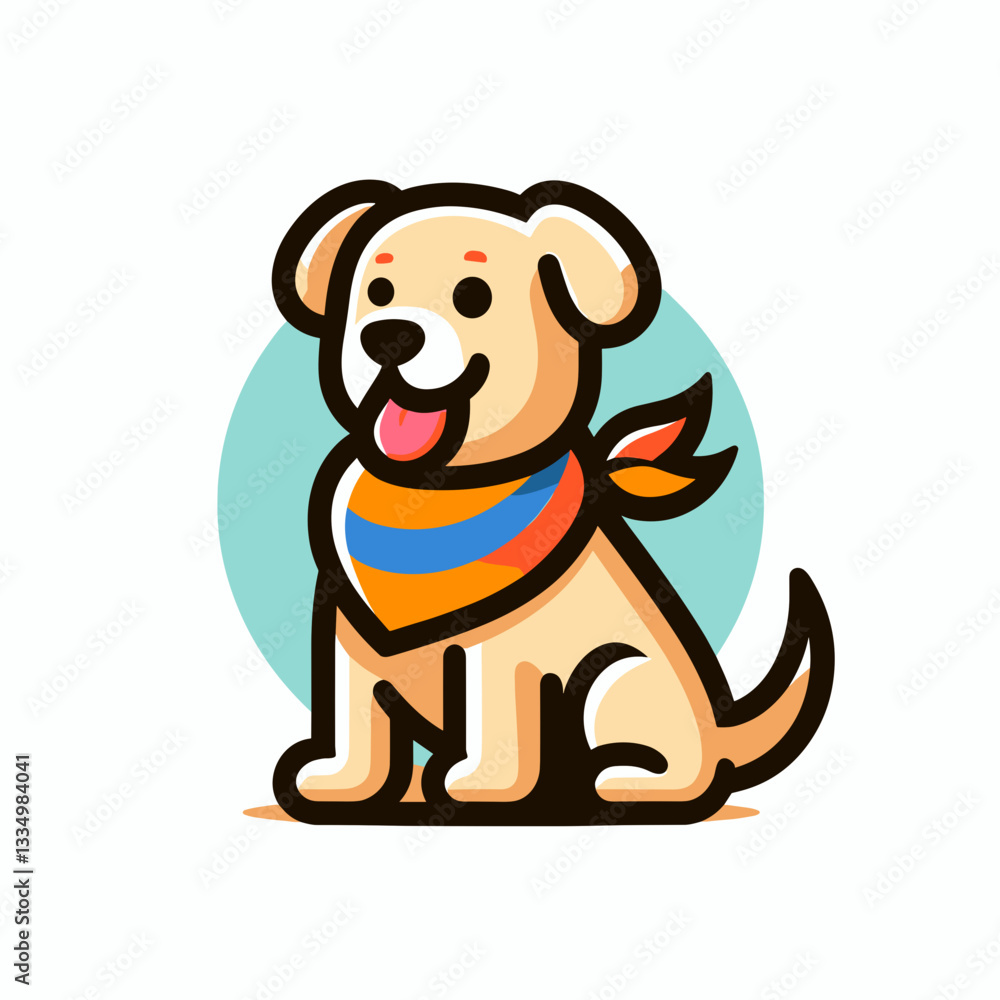 Fototapeta premium Cute cartoon golden dog wearing colorful scarf, cheerful expression, playful illustration