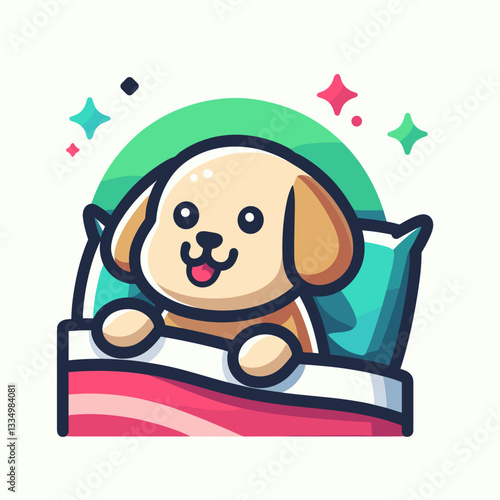 Cute cartoon dog resting in bed, cheerful expression, cozy illustration