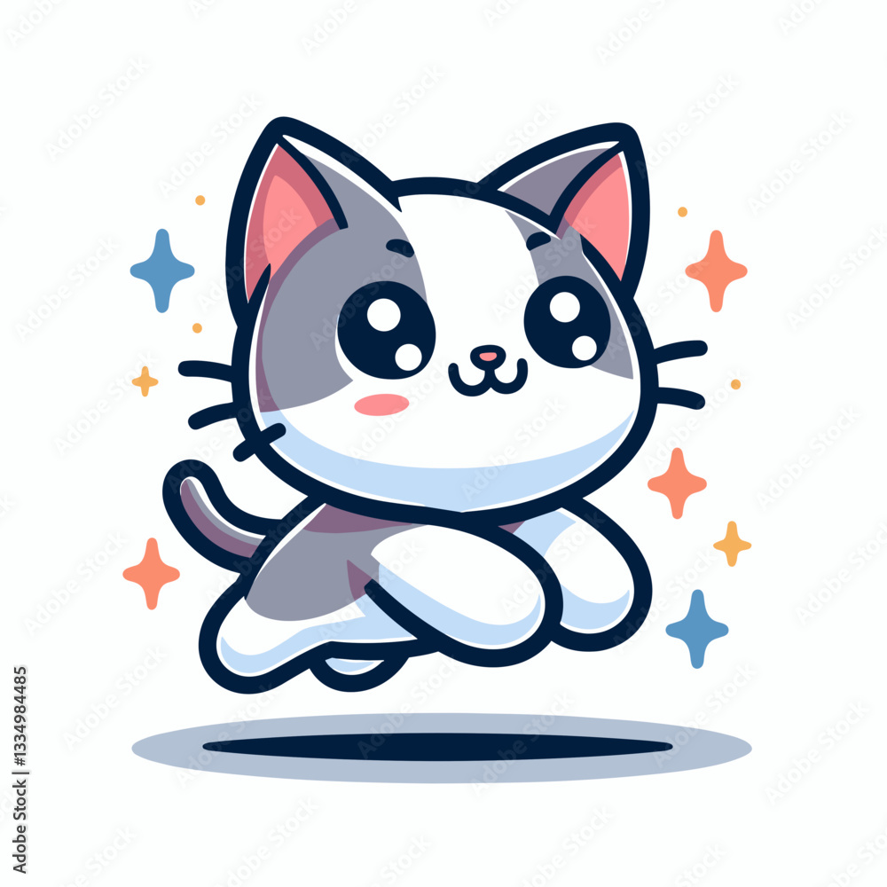 Cute cartoon cat jumping in the air with sparkling stars, joyful expression, playful illustration Cute cartoon cat jumping in the air with sparkling stars, joyful expression, playful illustration