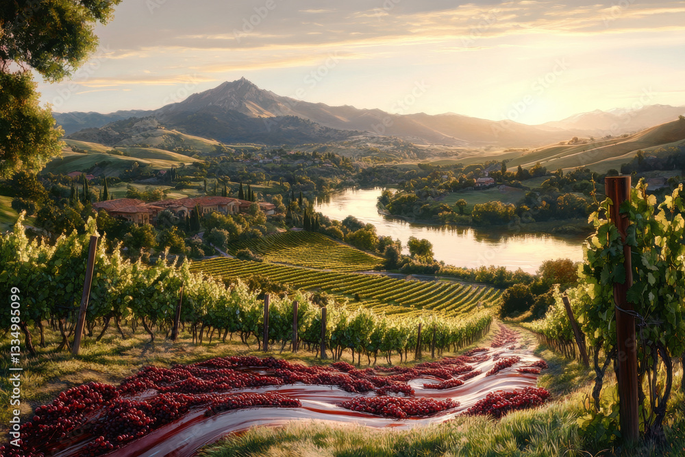 picturesque vineyard landscape with flowing grapes and serene river at sunset picturesque vineyard landscape with flowing grapes and serene river at sunset