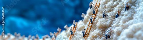 Miniature workers on sugar crystal cliff – vibrant macro diorama scenery, small world concept